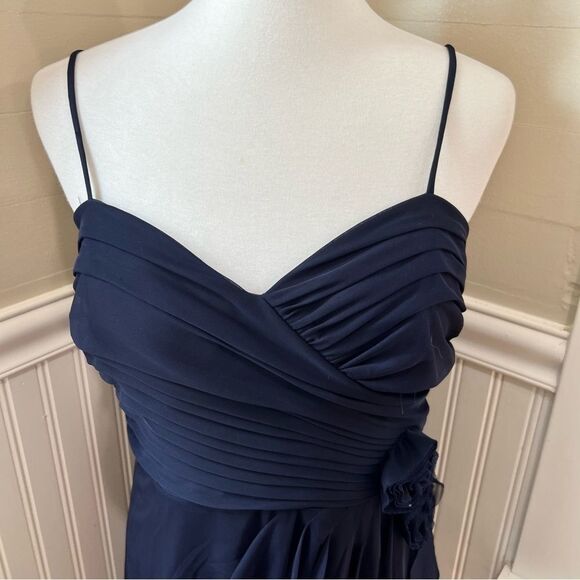 Camille La Vie Evening Gown Navy Draped w/ Fabric Flowers Size 14 - Picture 3 of 11